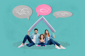Full 3d poster art collage of happy girl guy stand bubble communication chatterbox speech scribble...