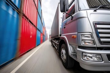 Naklejka premium Silver truck driving past colorful shipping containers, motion blur effect emphasizes speed.