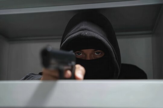 Masked thief aiming a handgun, hidden inside a metal cabinet, preparing to rob.