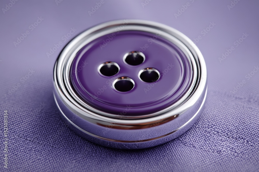 Poster Bright purple button rests on soft purple fabric showcasing its shiny surface and four holes in a simple but elegant display