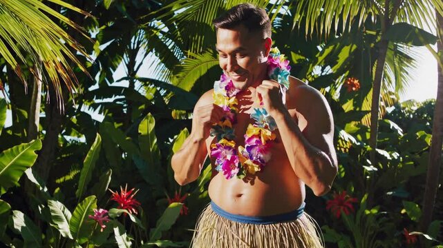 Male dancer wearing traditional Hawaiian clothing puts on a colorful lei garland in a lush tropical garden