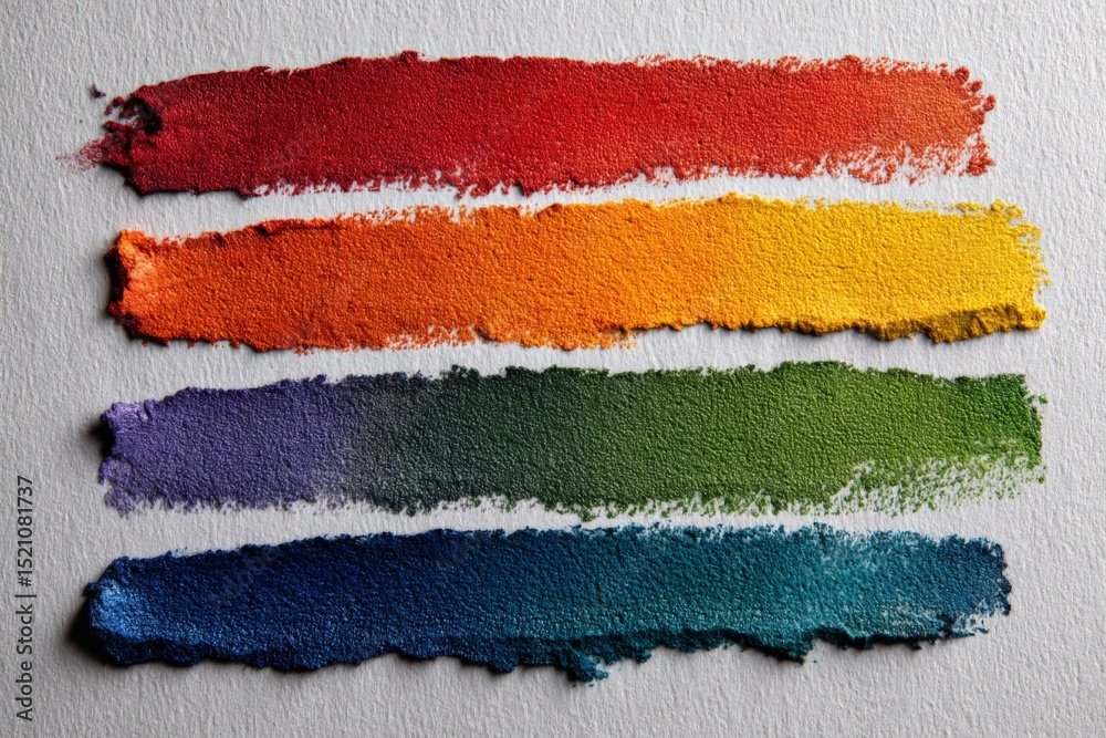 Poster vibrant color swatches arranged in horizontal stripes on textured white background showcasing a spec