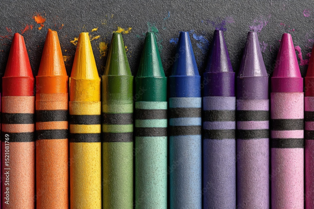 Poster colorful crayons arranged in a neat row on a dark surface showcasing vivid hues and vibrant creativi