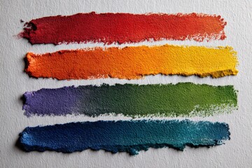 Vibrant color swatches arranged in horizontal stripes on textured white background showcasing a spectrum of hues