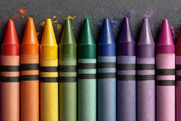 Colorful crayons arranged in a neat row on a dark surface showcasing vivid hues and vibrant creativity