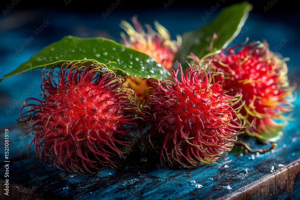 Aufkleber fresh rambutan fruits displayed on a wooden surface with green leaves in a bright setting