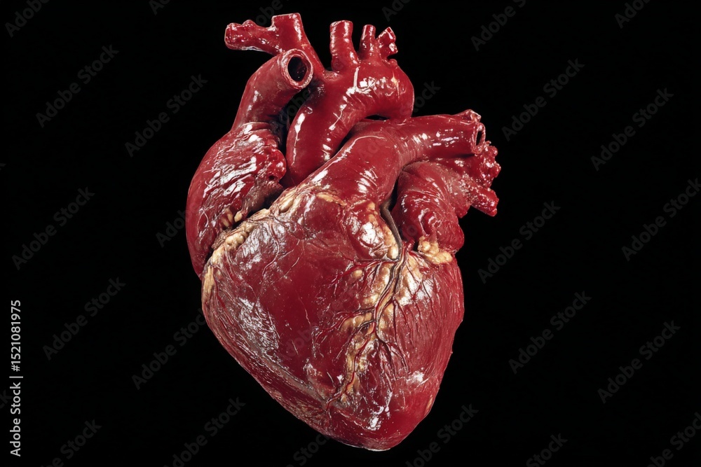 Poster Detailed anatomical model of a human heart viewed from multiple angles in a dark background showcasing its structure and function
