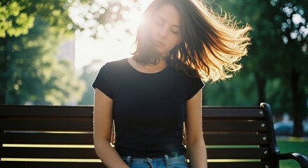 Sunlight Backlights Woman's Hair as She Sits on Park Bench