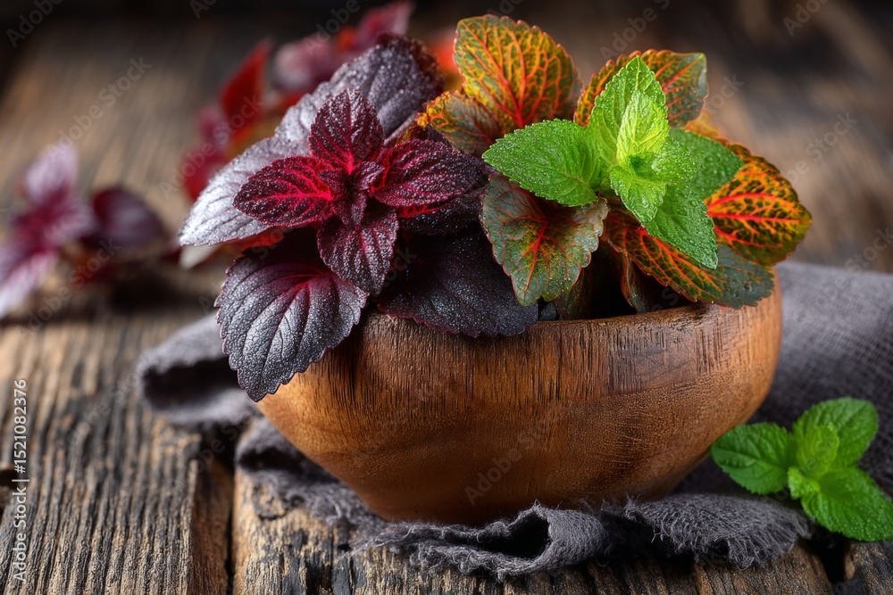 Poster fresh mint and colorful leaf plants arranged in a wooden bowl on rustic table with dark cloth in war