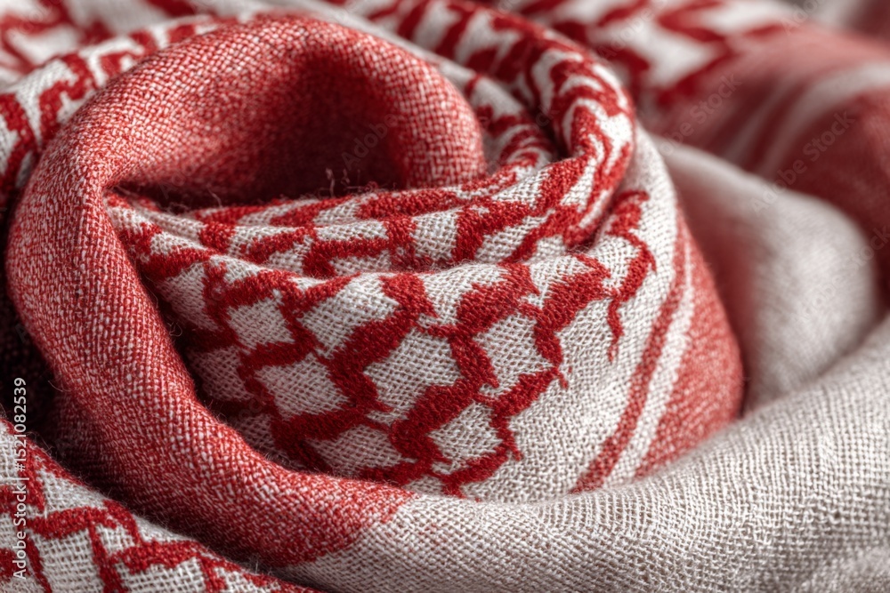 Poster elegant red and white patterned fabric showcasing intricate textile design and craftsmanship in warm