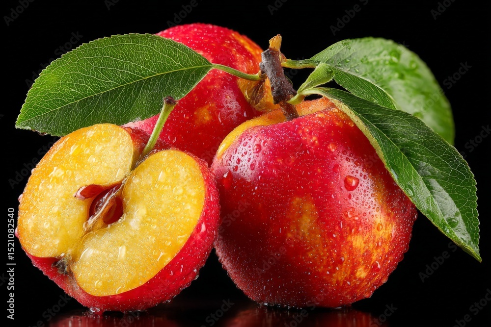 Poster fresh red apples with droplets of water on a black background highlight their vibrant colors and jui