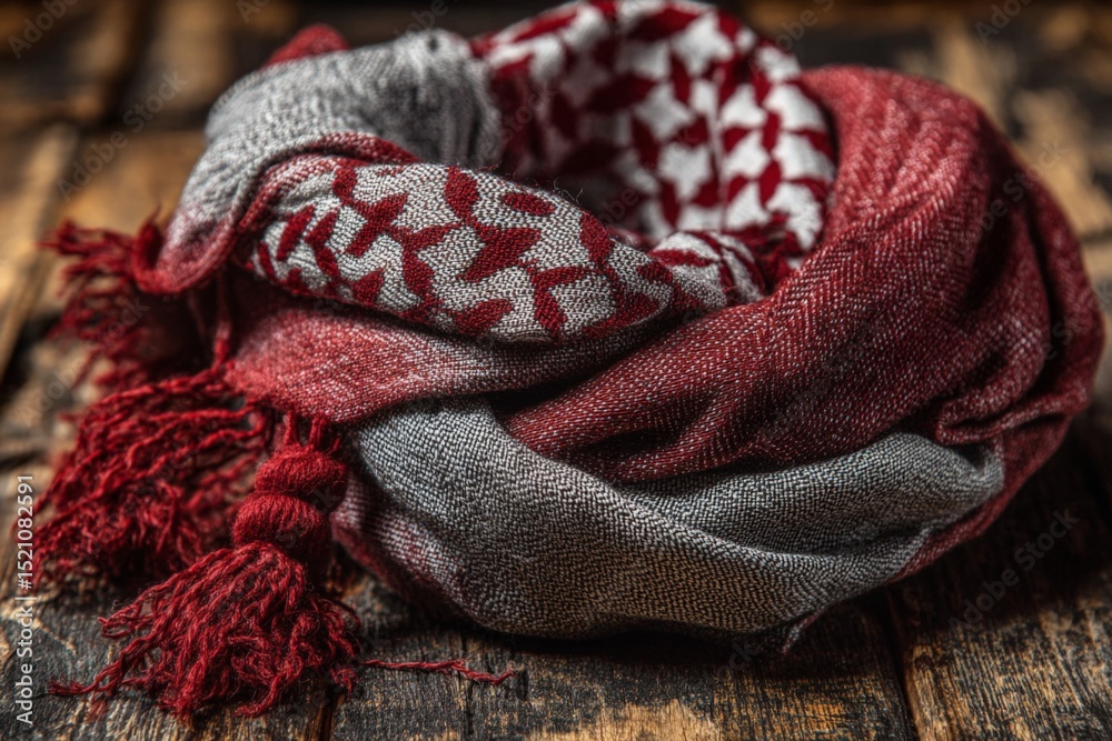 Poster Stylish woven scarf with tassels displayed on rustic wooden background in autumn lighting
