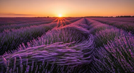 Sunset over Lavender Field with Swirling Motion and Sunbeams