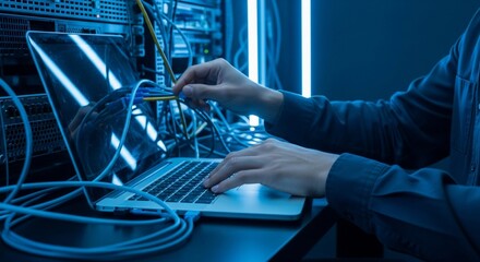 Technician Connecting Cables to Laptop in Data Center with Blue Lighting