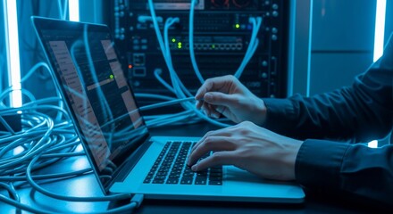 Technician Working on Laptop in Server Room with Blue Lighting and Cables