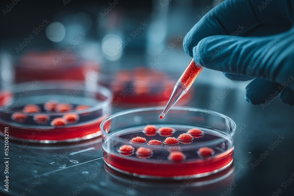 Poster laboratory scientist conducting bacterial culture experiments in petri dishes using a micropipette