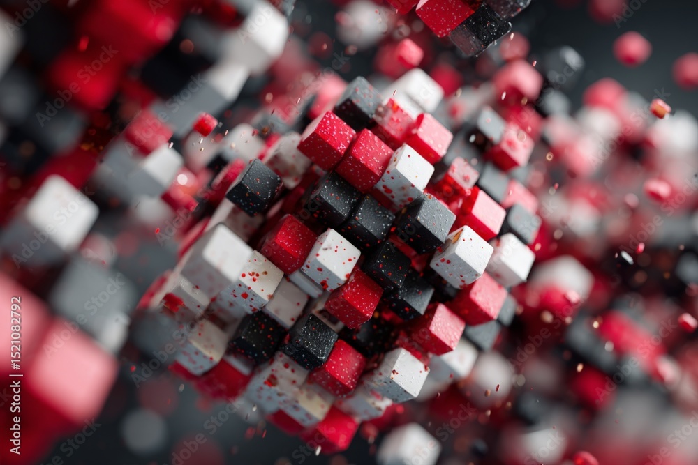 Poster Colorful cubes dramatically exploding in three-dimensional space with a dark background
