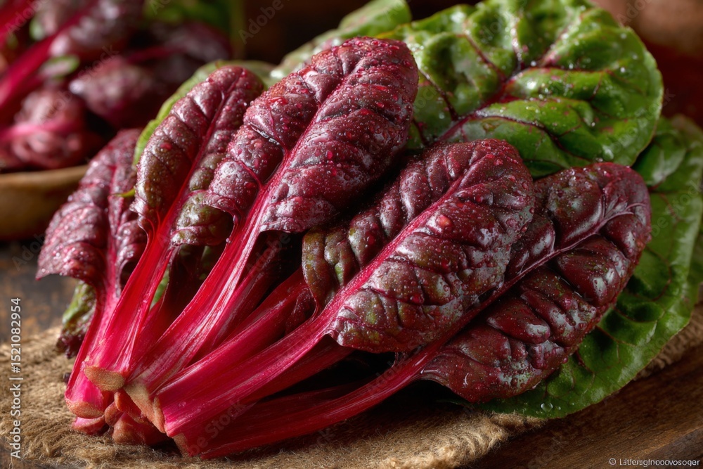 Poster freshly harvested red chard on burlap cloth in a rustic kitchen setting during afternoon light