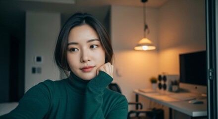 Thoughtful Woman in Green Turtleneck with Soft Lighting and Desk Background