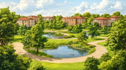 Fototapeta premium Serene suburban park with walking paths, ponds, and lush greenery under a sunny sky