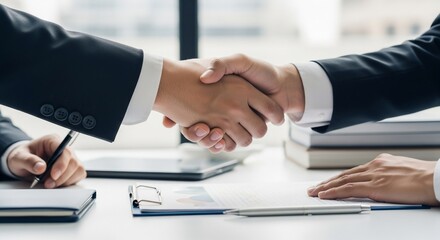 Two Businessmen Shaking Hands, Symbolizing Agreement and Successful Partnership Deal.