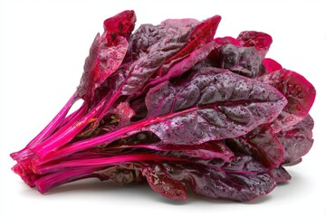Obraz premium Freshly harvested red chard with vibrant leaves and stems on a bright background