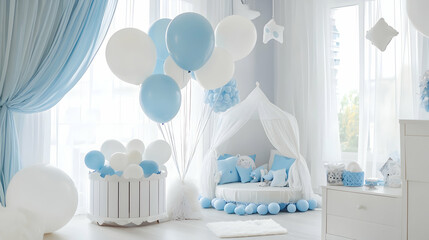 An elegant white wedding cake and dress adorn a bright room with blue curtains and classic furniture
