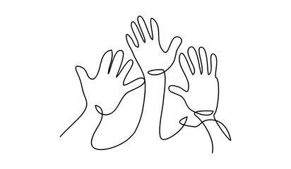 Hand drawn continuous one line of hands up. poster art print. human rights sign in one line style