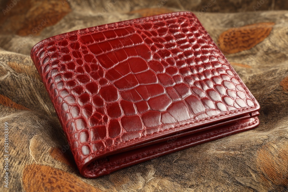 Poster Stylish red croc-embossed wallet resting on a textured background at a market setting
