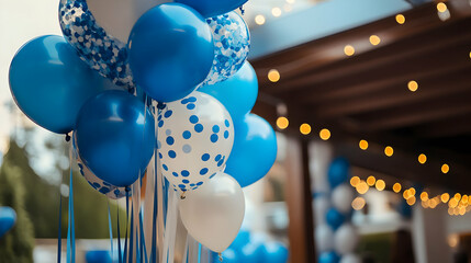 Blue and gold Christmas balls, festive holiday decorations on a blue background
