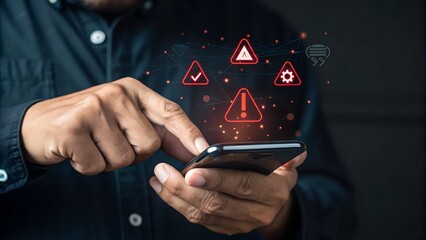 Corporate man handling emergency alert notification on mobile phone, concept of warning message, cyber threat monitoring, digital security breach, urgent system error, and risk management