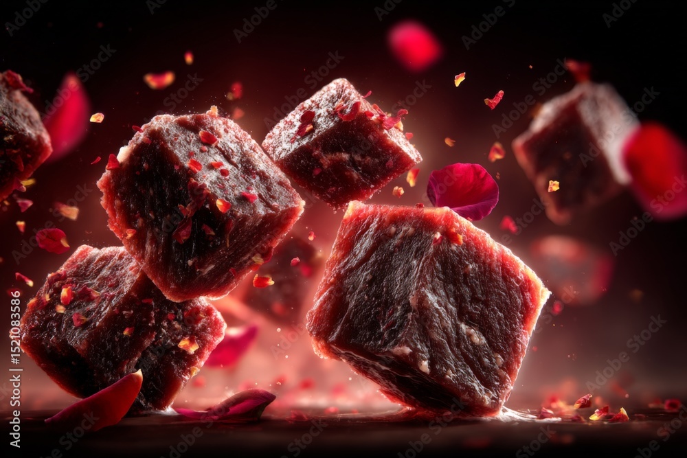 Poster food preparation with beef cubes surrounded by spices and flower petals in a vibrant culinary settin