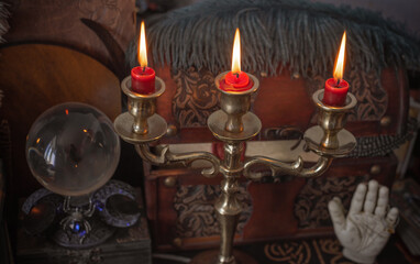 Mystical Candle Holder on Wooden Table in Enchanted Atmosphere