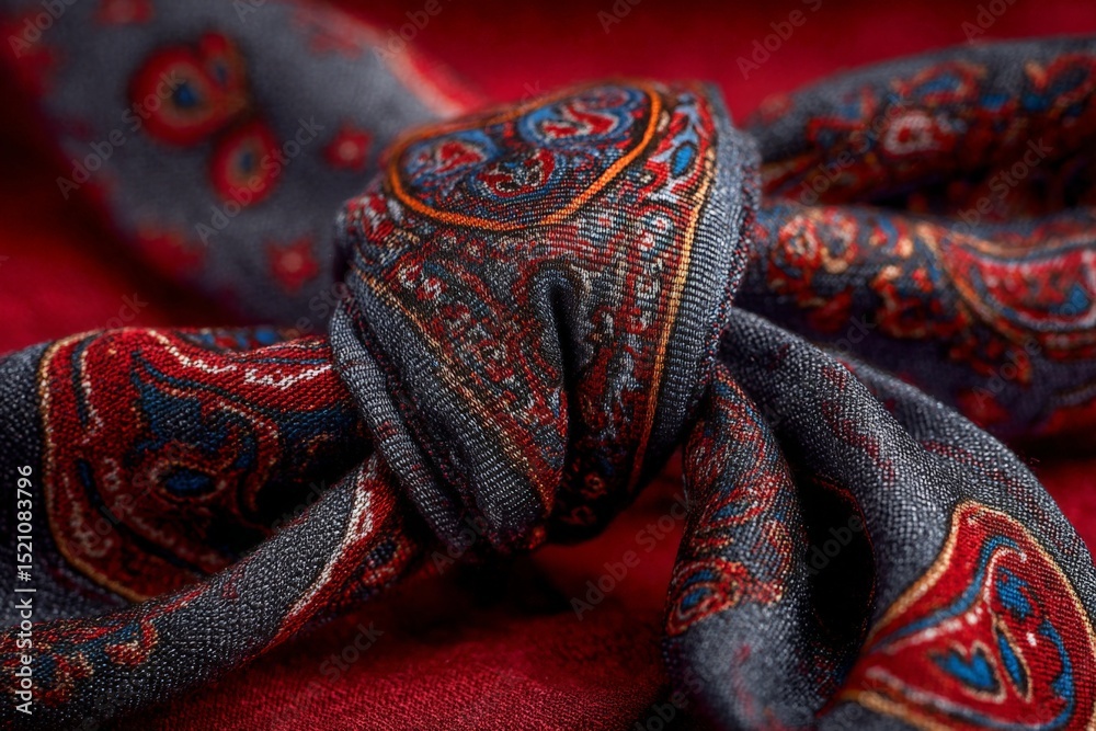 Poster elegant silk scarf tied with intricate paisley patterns resting on a rich red background