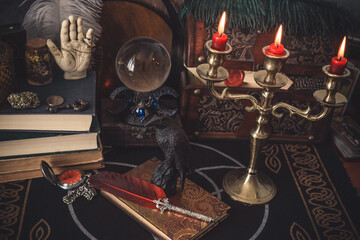 Mystical Candle Holder on Wooden Table in Enchanted Atmosphere