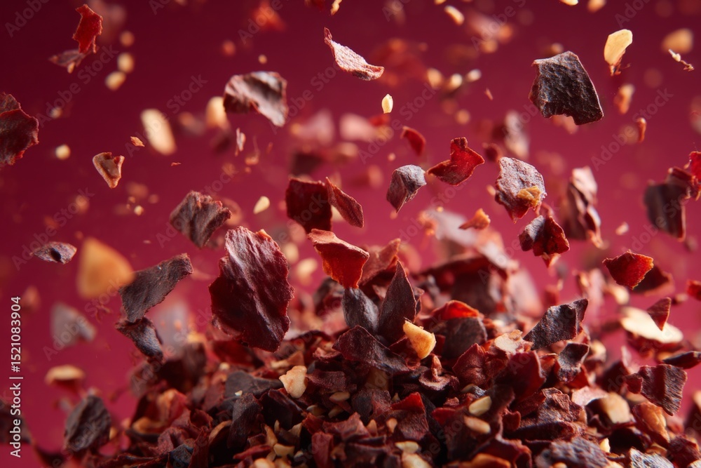 Poster spices scattered artistically against a red backdrop showcasing their vibrant colors and textures