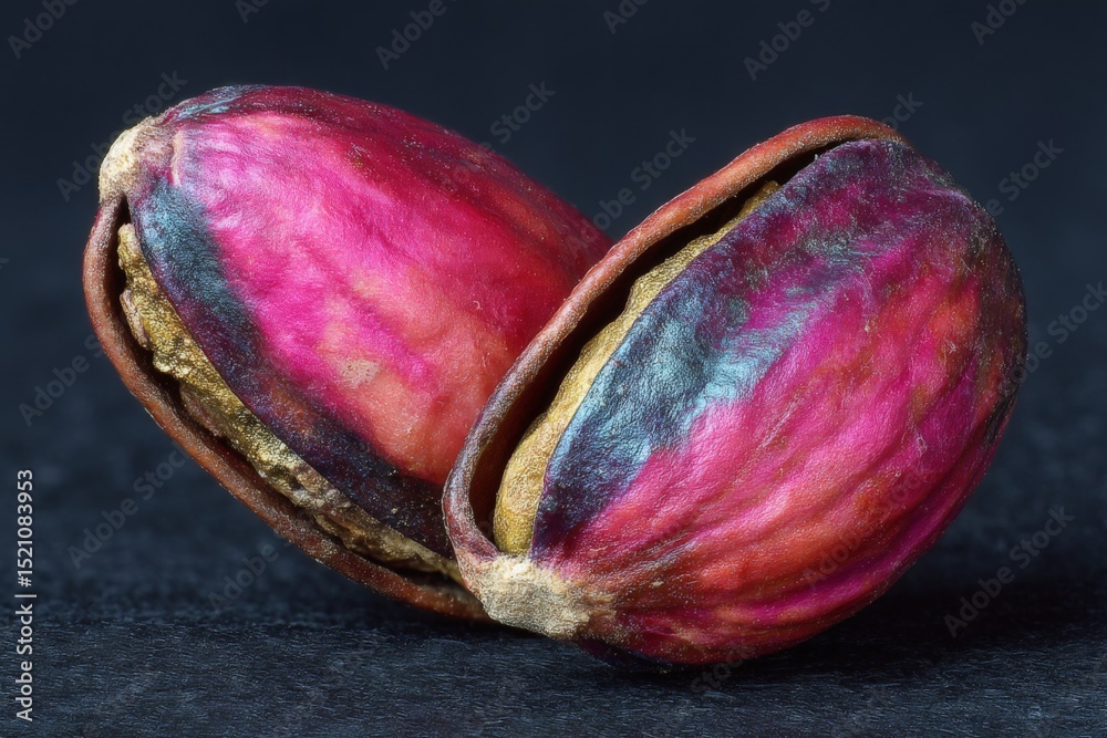 Poster vibrant pink pistachio nuts showcasing unique colors and textures on a dark background