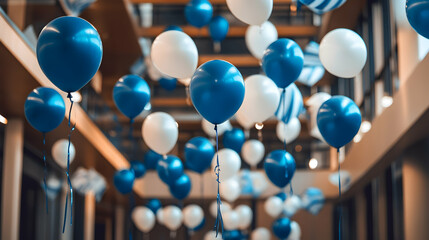 Blue holiday celebration with festive balloons, shiny blue and silver cutlery, and Christmas balls on wood