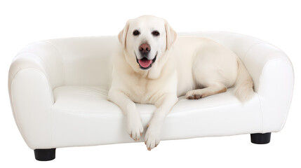 Happy Labrador Retriever dog lounging on stylish white sofa, exuding sense of comfort and relaxation. This adorable pet showcases friendly demeanor, making it perfect companion for any home