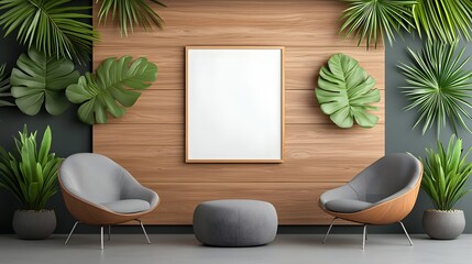 Contemporary home office with empty poster frame on distressed wood wall