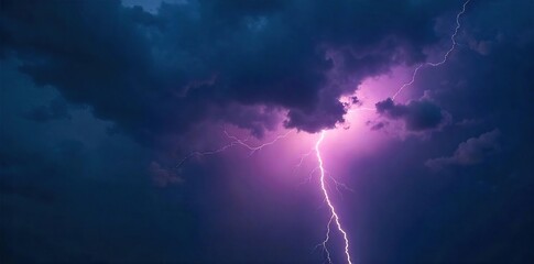 A powerful bolt of lightning strikes a dark, stormy sky, illuminating the clouds with an intense flash of light The dramatic scene showcases the raw power of nature , power, night