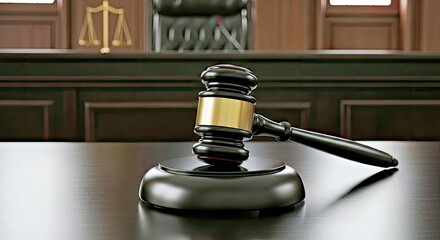 Judicial Judge Gavel on Polished Black Wooden Desk Court