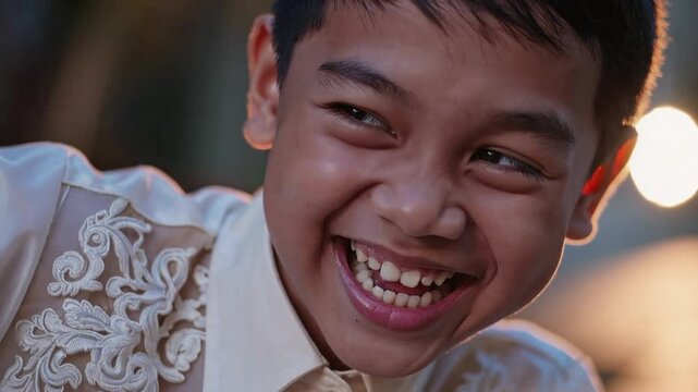 Young Filipino boy wearing traditional Barong Tagalog shirt, radiating genuine happiness with wide smile during cultural celebration, capturing joyful childhood moment in authentic portrait