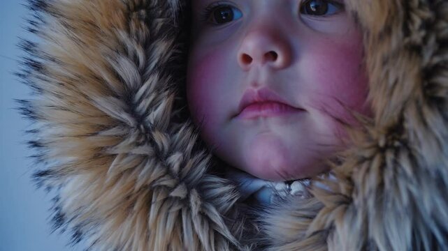 Close up of an Inuit child's serene gaze, framed by a warm fur hood, capturing a moment of peaceful contemplation