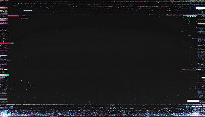 Dark colored abstract background with analog glitch overlay, white static noise texture, vintage TV grain lines, distortion artifacts, and retro screen flicker. Empty copy space. VHS glitch style.