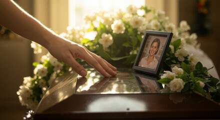 Grief and loss concept photo showing hand gently resting on closed casket with framed photo and white roses.  Touching farewell image for sympathy card or memorial service program.  