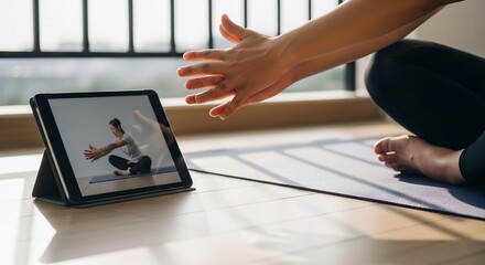 Woman Practicing Yoga Online, Following Tutorial on Tablet, Hands Extended