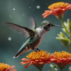 Fototapeta premium A hummingbird frozen in motion, feeding from a bright flower with wings blurred in rapid motion.