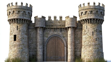 A majestic stone gatehouse, featuring two imposing round towers flanking a large wooden gate, set against a stark white background.  The weathered 