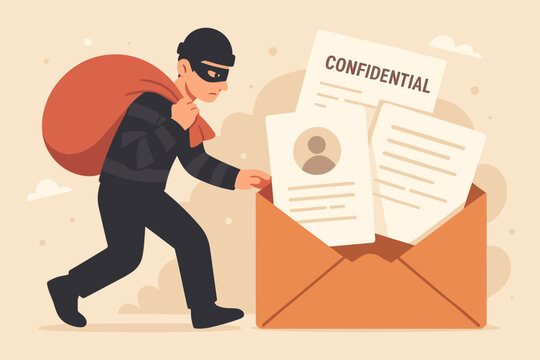 Cybersecurity threat concept: Cartoon burglar stealing confidential documents, personal data from an envelope. Information theft, identity fraud, privacy breach, and security risk vector illustration.